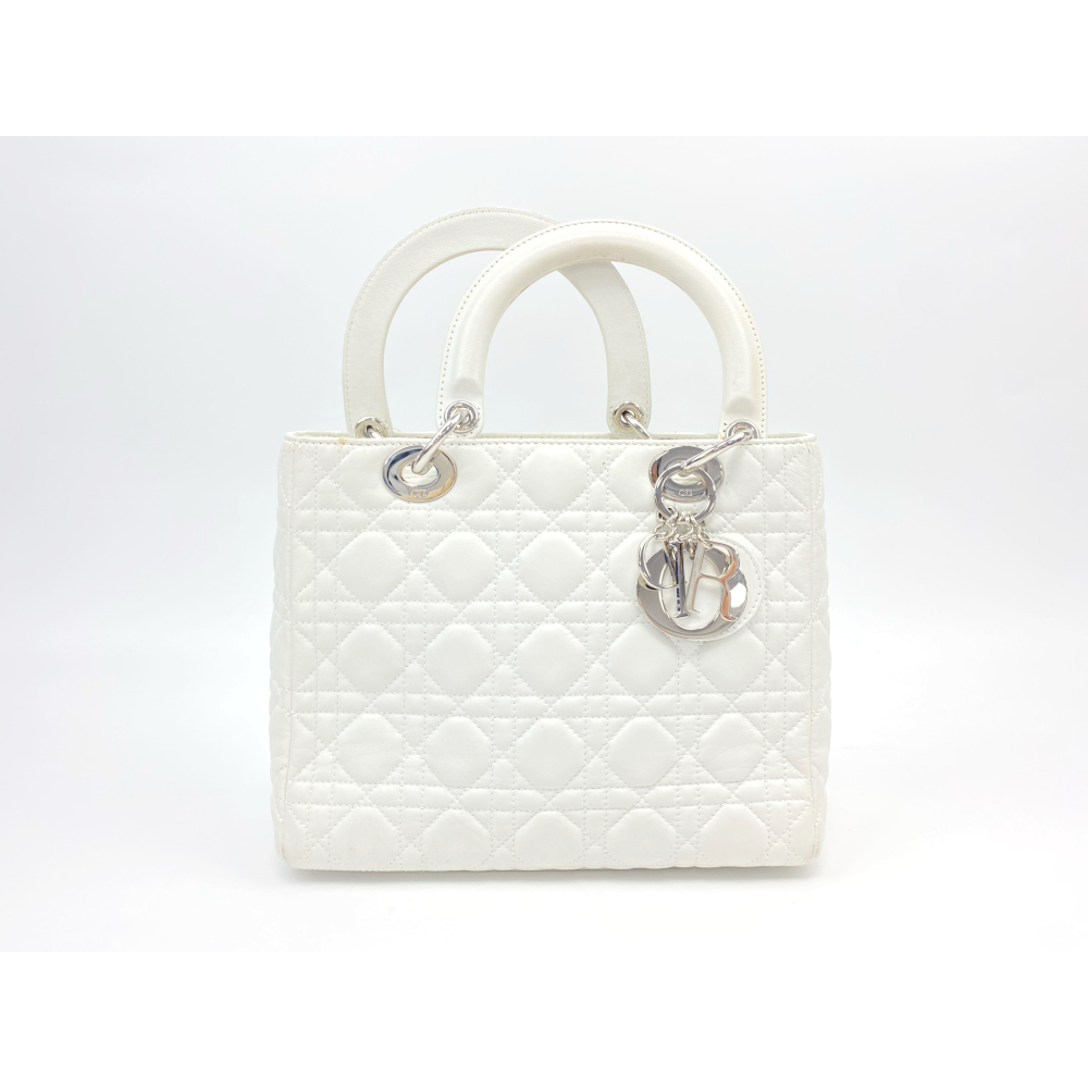 ディオール レディディオール カナージュ ミディアム 白 ラムスキン SV金具 ABランク