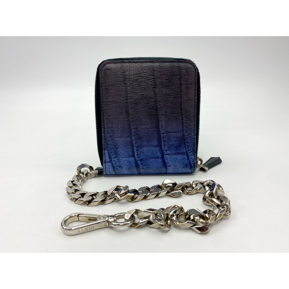 フェンディ クロコ 型押し ウォレット チェーン 青 レザー 7M0197 Aランク