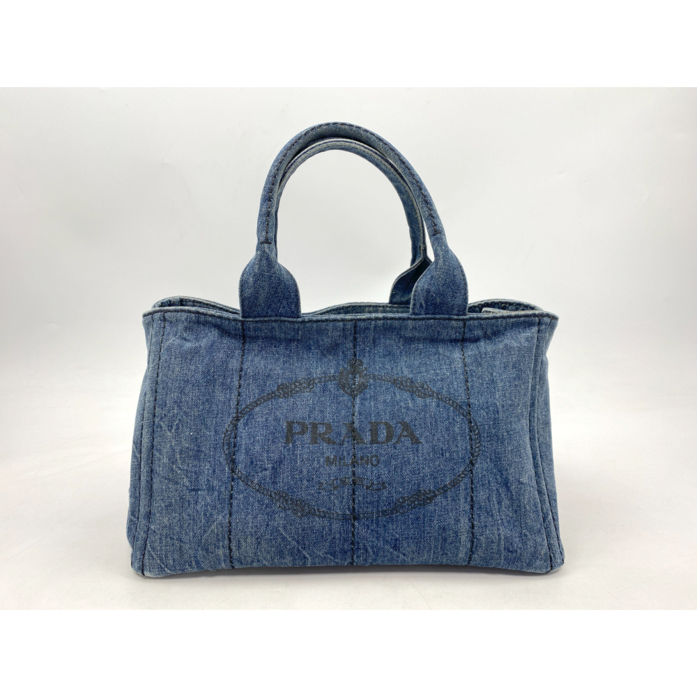 プラダ カナパM ハンドバッグ ブルー デニム Bランク