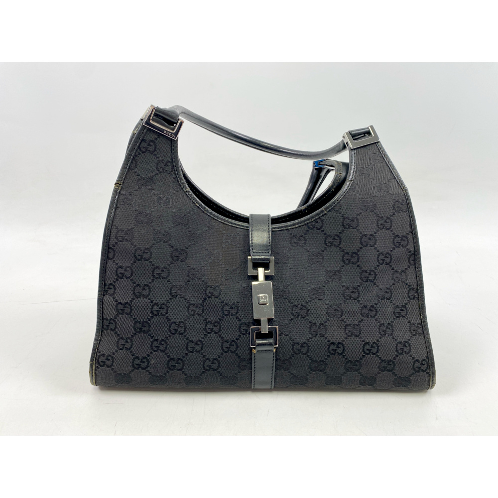 グッチ GGキャンバス ジャッキー セミショルダーバッグ 黒 キャンバス×レザー Bランク