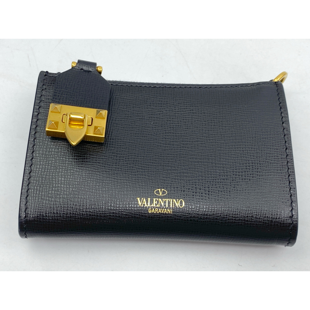 美品✨️　ヴァレンティノガラヴァーニ　ゴールド金具 × 黒レザー　折り財布 ヴァレンティノ ガラヴァーニ グレインスタッズ チェーン