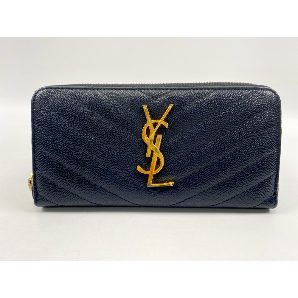 サンローラン カサンドラ Vステッチ ラウンドファスナー長財布 黒 GD金具 キャビアスキン Bランク