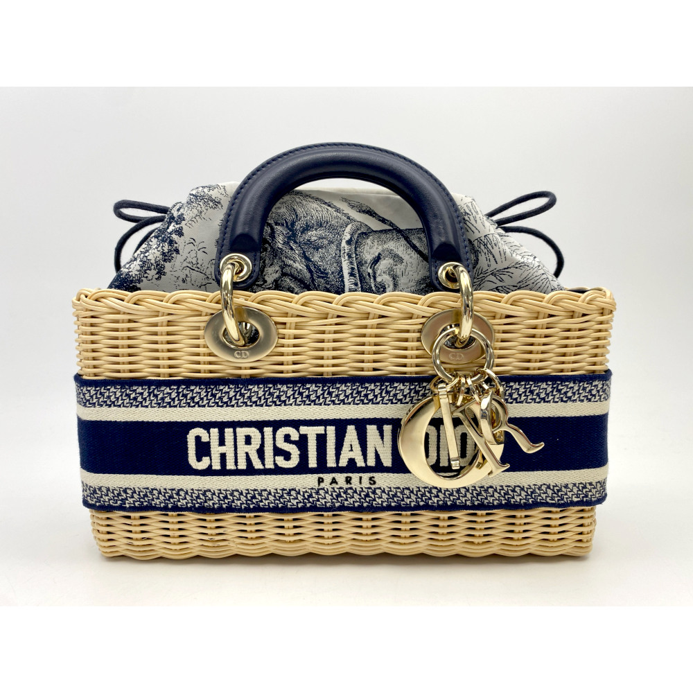 ディオール レディディオール ウィッカー ラタン×レザー×キャンバス ベージュ系×紺 ABランク
