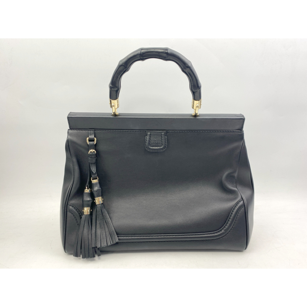 グッチ バンブー フリンジ ハンドバッグ 黒 レザー Bランク