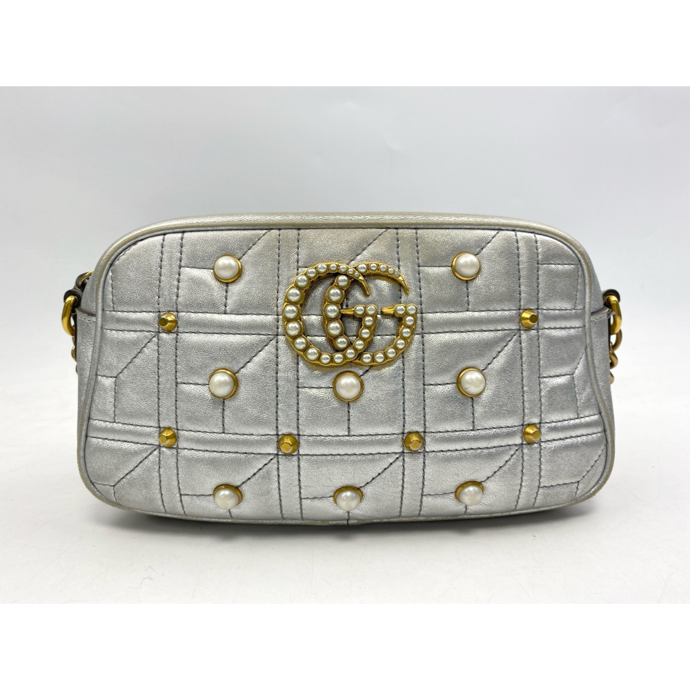 【グッチ】GUCCI GGマーモントパールキルティングバッグ　パール　シルバー グッチ GGマーモント ショルダーバッグ パール シルバー レザー 447632