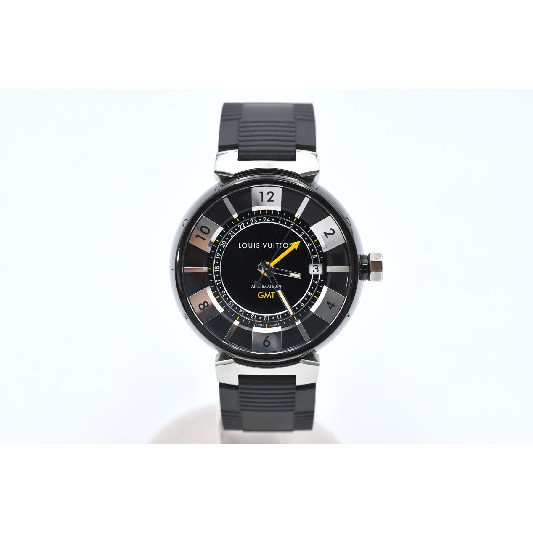 ルイ・ヴィトン タンブール インブラックGMT 黒文字盤 SS×ラバー/AT Q113K0 Aランク