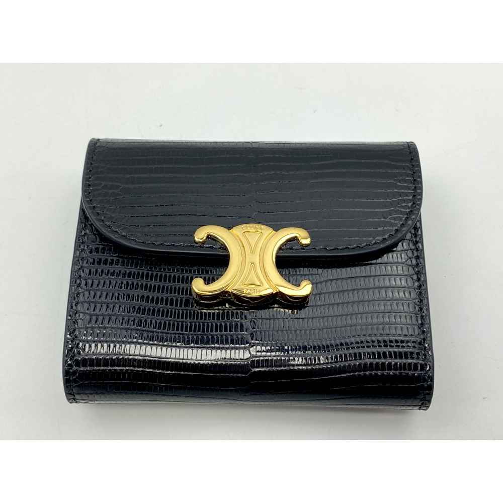セリーヌ トリオンフ スモールフラップウォレット リザード 黒 Aランク
