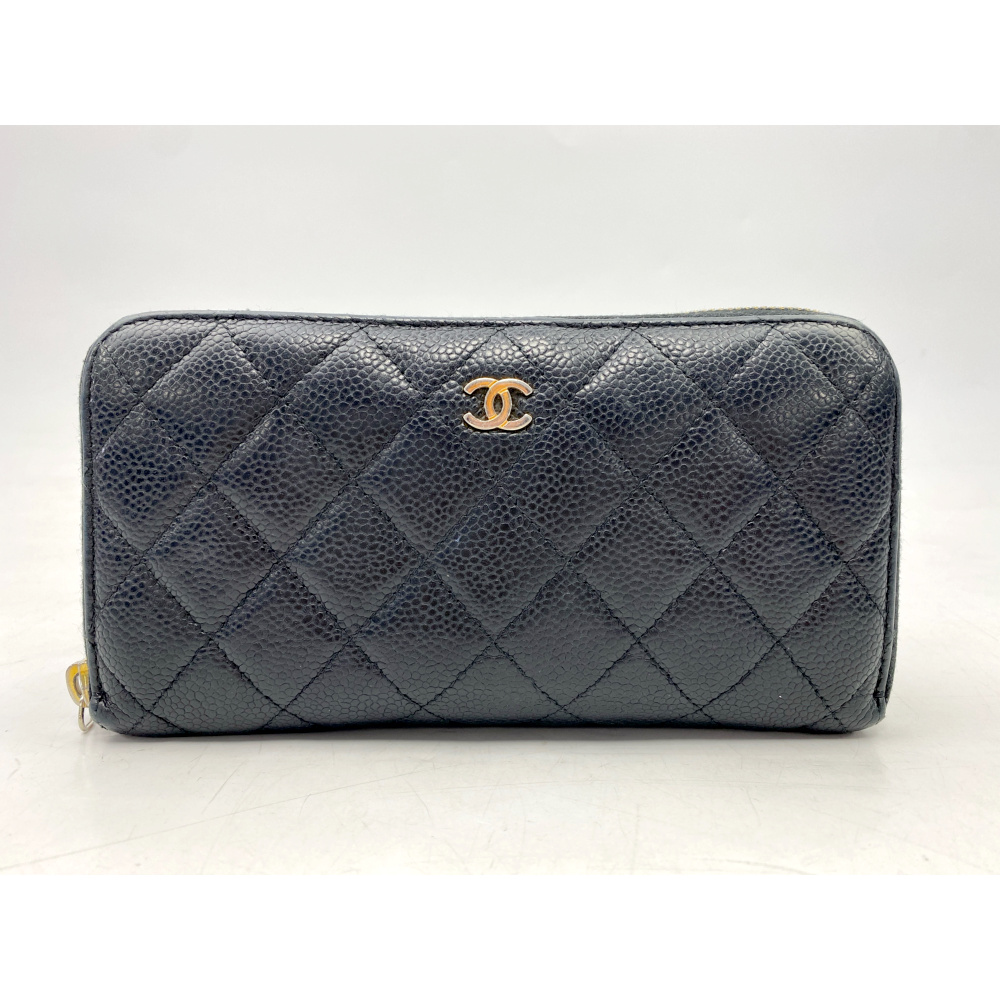 シャネル マトラッセ ラウンドファスナー長財布 黒 キャビアスキン GD