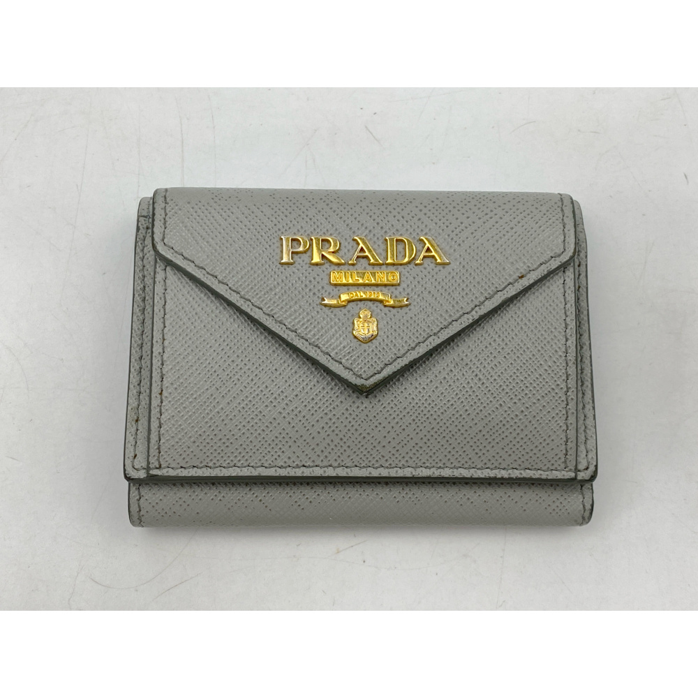 プラダ サフィアーノ 三つ折り財布 グレー×ブルー レザー Bランク
