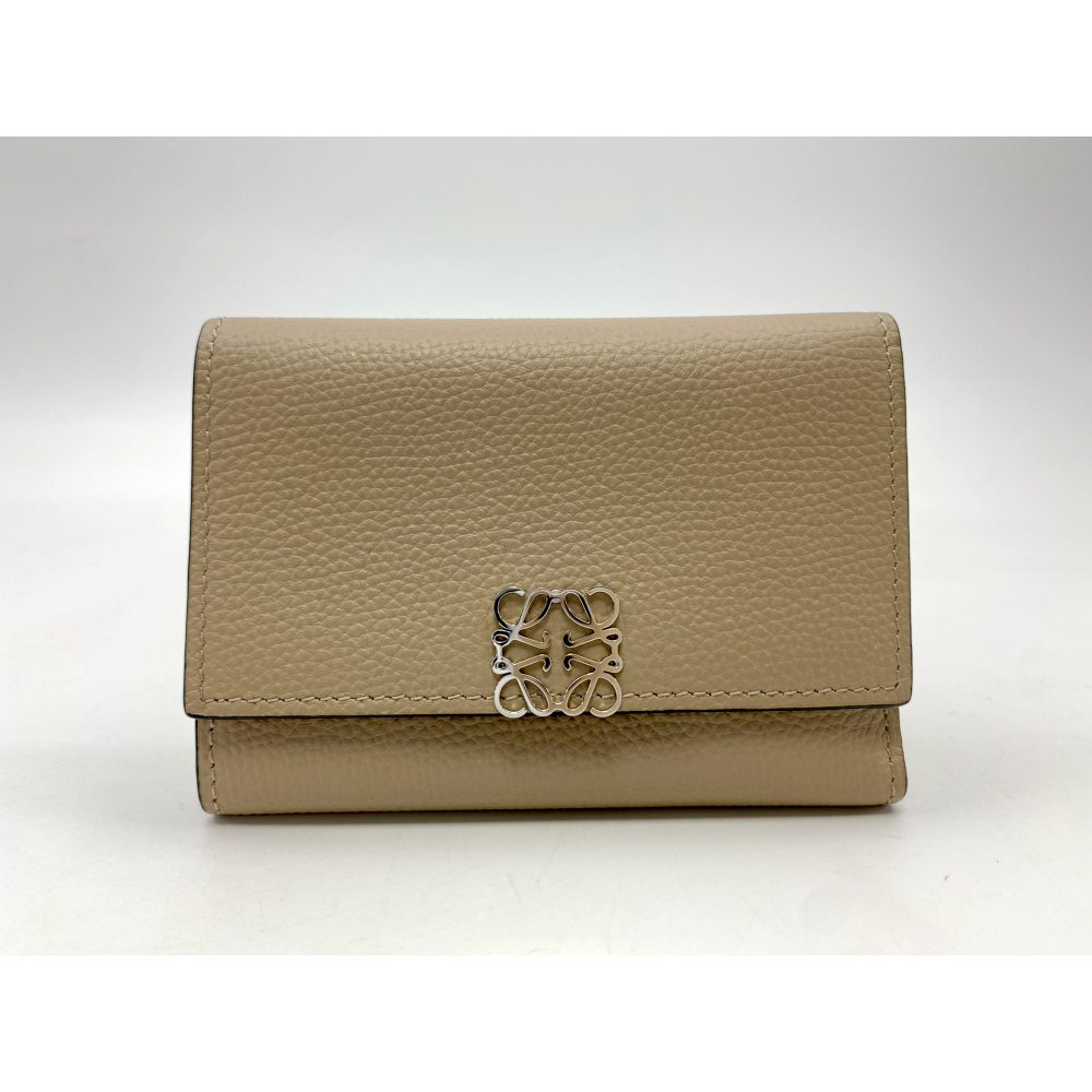 ロエベ アナグラム トライフォールド 三つ折り財布 ベージュ レザー Bランク