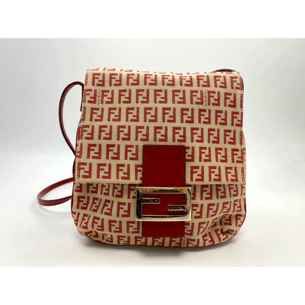 フェンディ ズッキーノ ショルダーバッグ ブラウン×赤 キャンバス×レザー Bランク