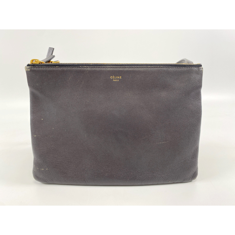 セリーヌ トリオ 旧ロゴ ショルダーバッグ グレー レザー Bランク