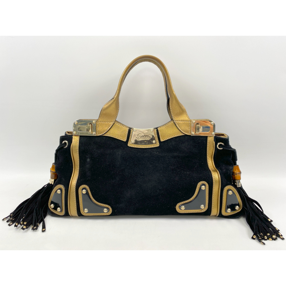 グッチ フリンジ付きハンドバッグ バンブーハンドル 黒×ゴールド レザー×スエード GD金具 181868 Bランク