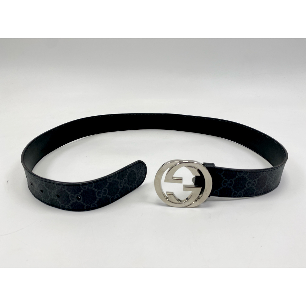 グッチ インターロッキング ベルト グレー×ブラック レザー 411924 ABランク