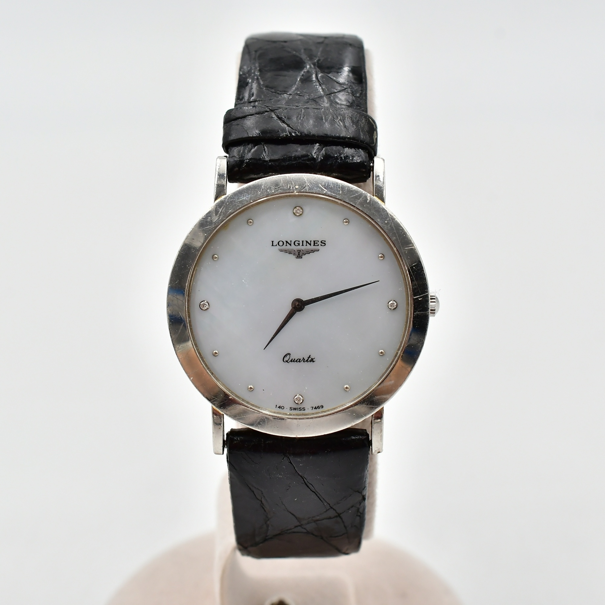 ロンジン メンズウォッチ 白シェル文字盤 Pt950×革/QZ Bランク