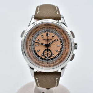 パテック フィリップ ワールドタイム クロノグラフ ローズゴールドメッキオパーリン文字盤 SS×革/AT 5935A-001 買取実績【買取日：2025年10月16日】