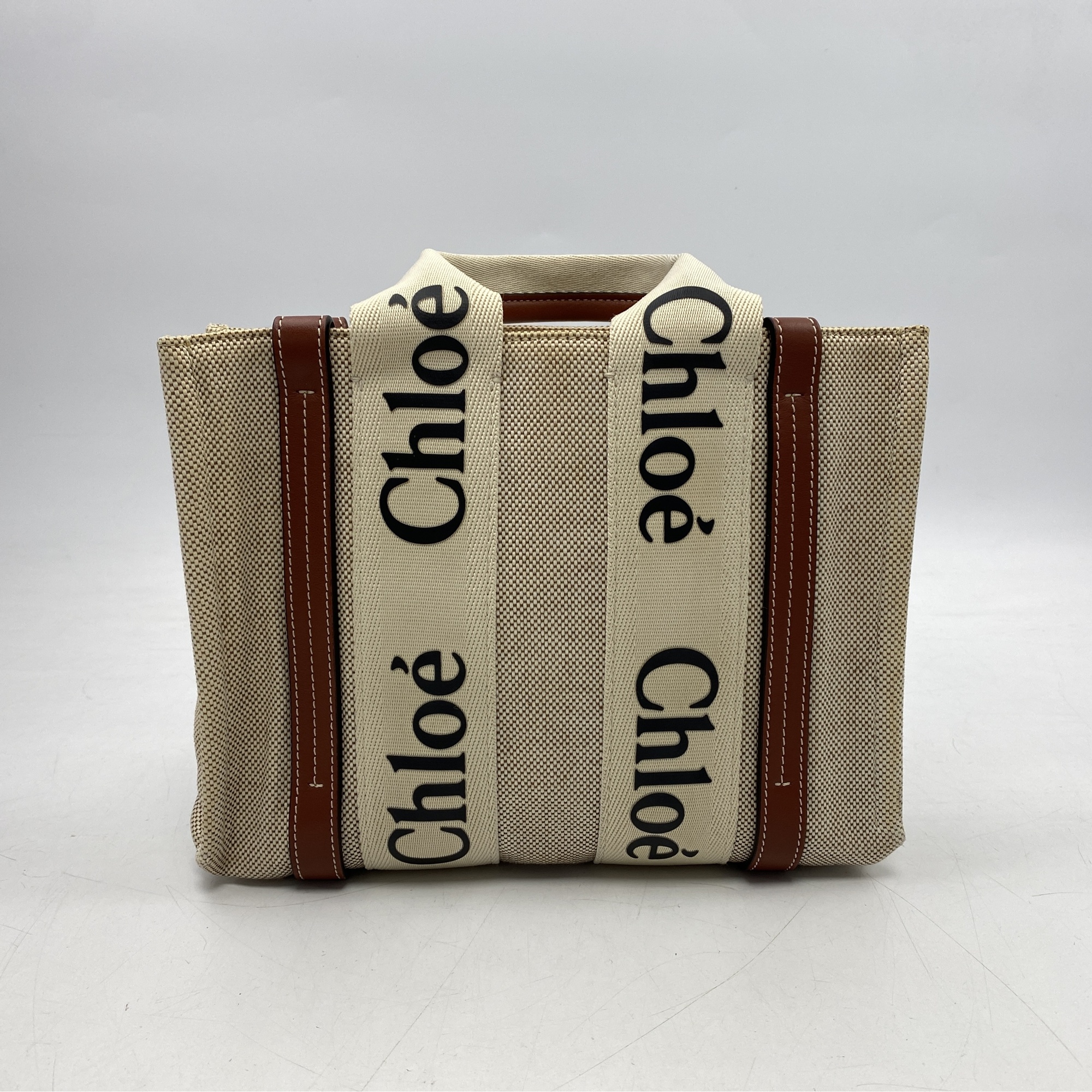 クロエ ウッディースモールトートバッグ ブラウン×ホワイト キャンバス リネンキャンバス Bランク