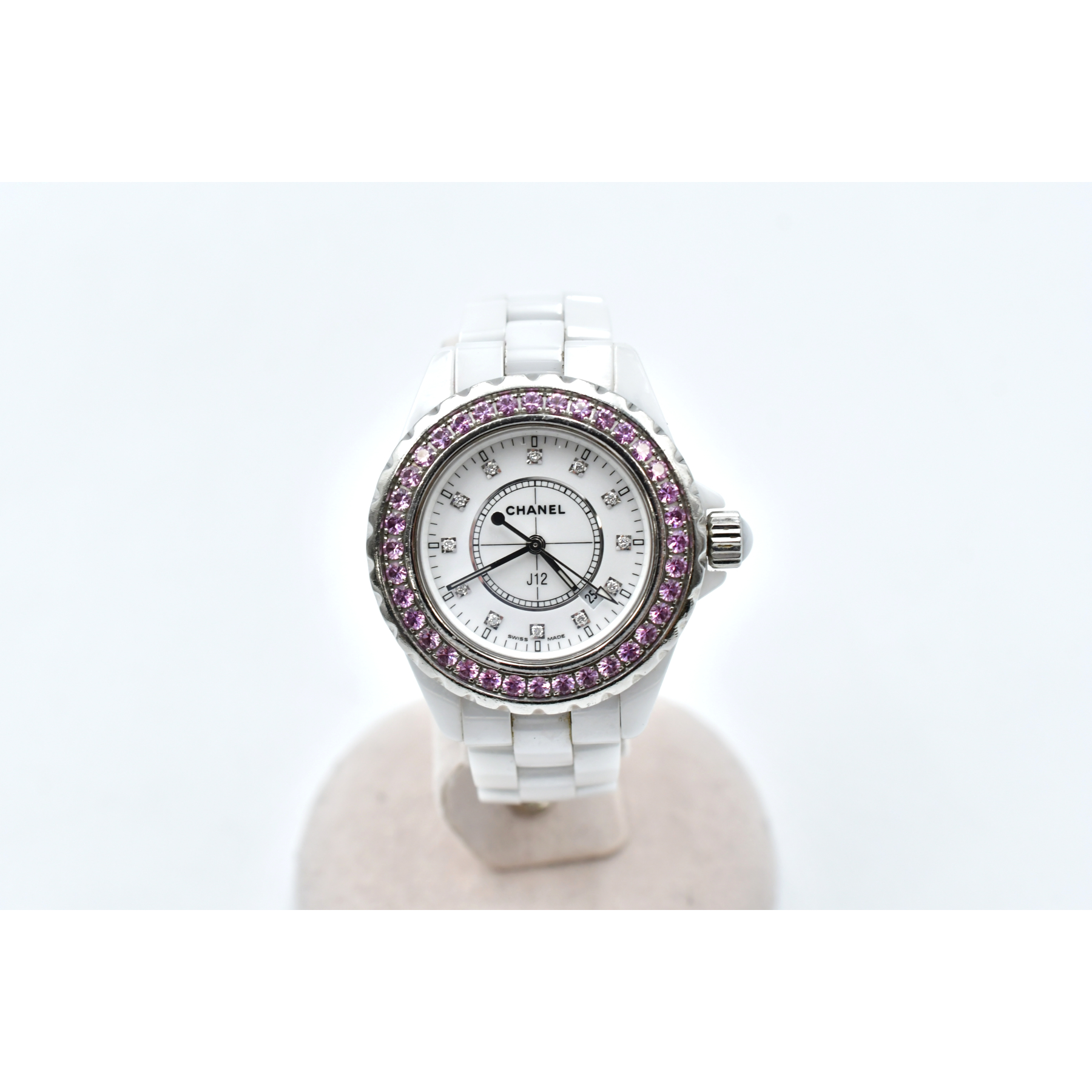 シャネル J12 白文字盤 ピンクサファイアベゼル 12PD CE/QZ Bランク