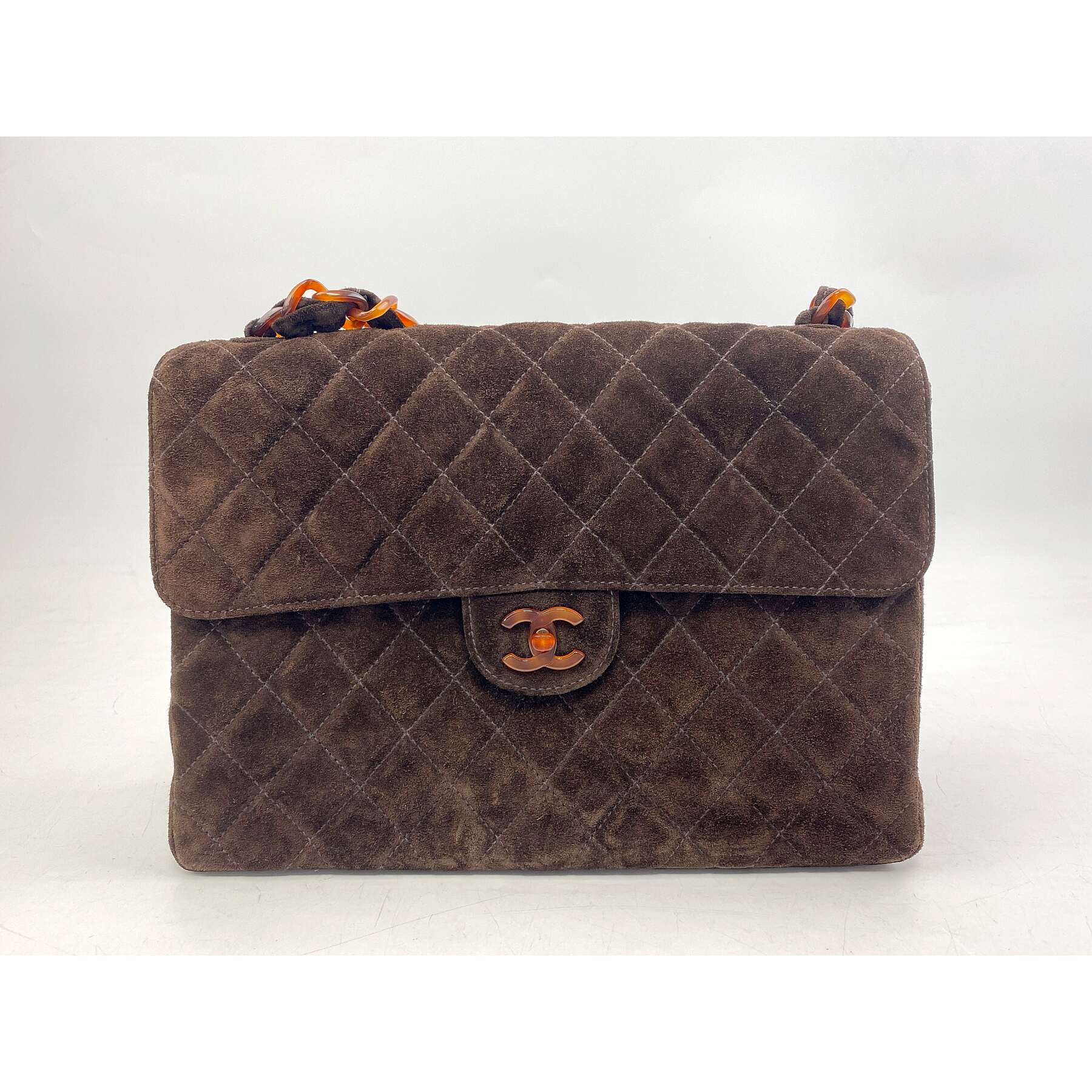 シャネル マトラッセ30 シングルフラップシングルチェーンショルダーバッグ ブラウン スエード べっ甲金具 Bランク