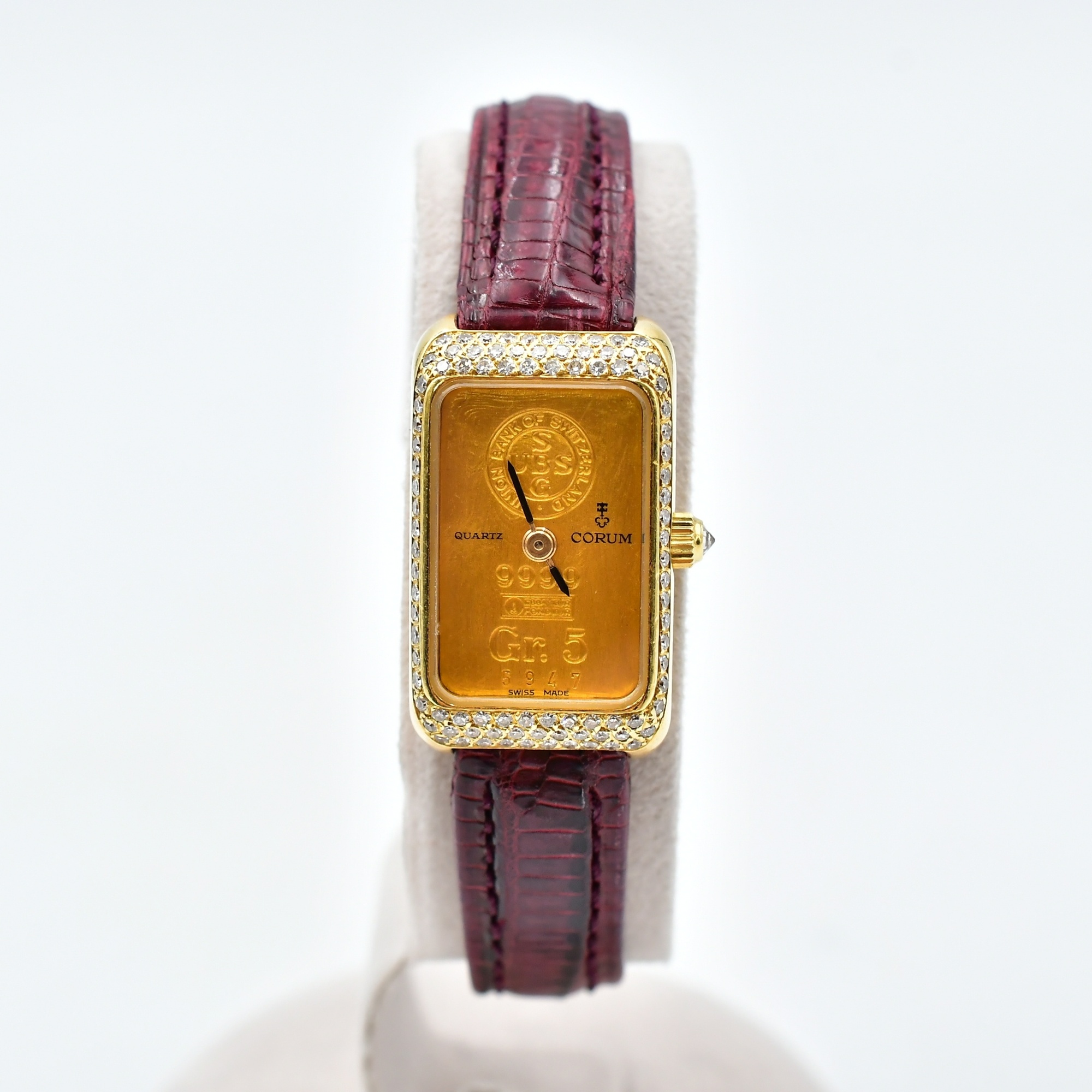 コルム インゴットウォッチ ゴールド文字盤 ダイヤベゼル YG×社外革ベルト/QZ Bランク