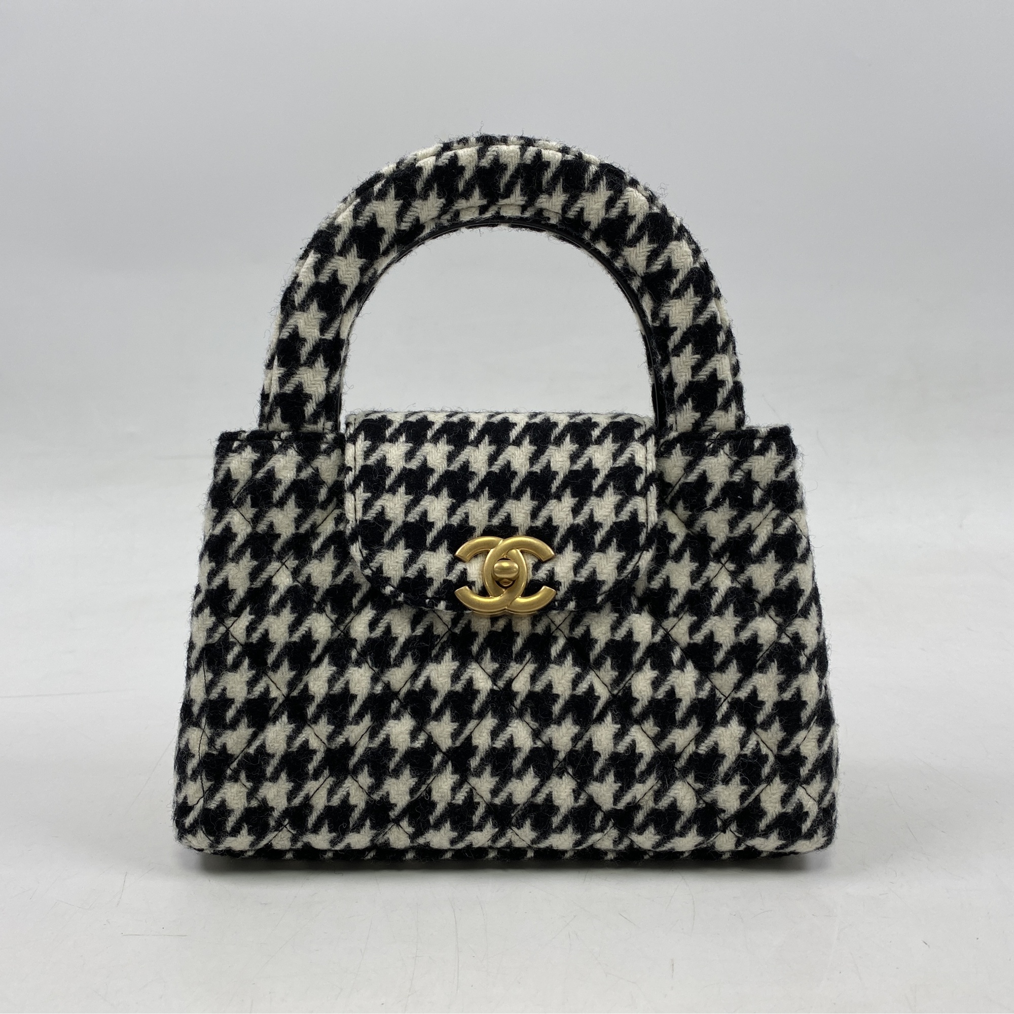 シャネル ミニショッピングバッグ 2WAYバッグ 千鳥格子 ウール GD金具 プレート SAランク