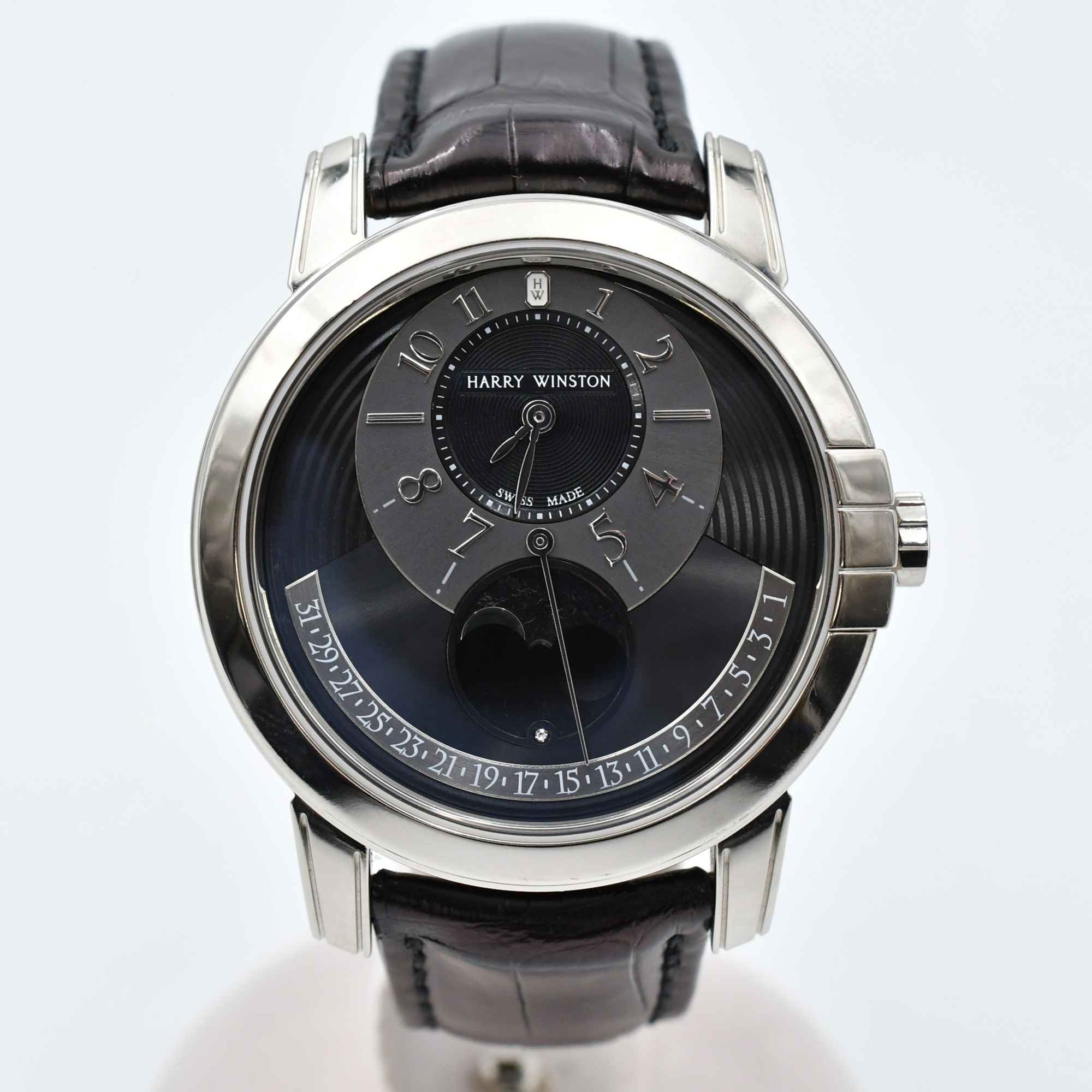 ハリー・ウィンストン ミッドナイトムーンフェイズ 黒文字盤 WG×革/AT Bランク