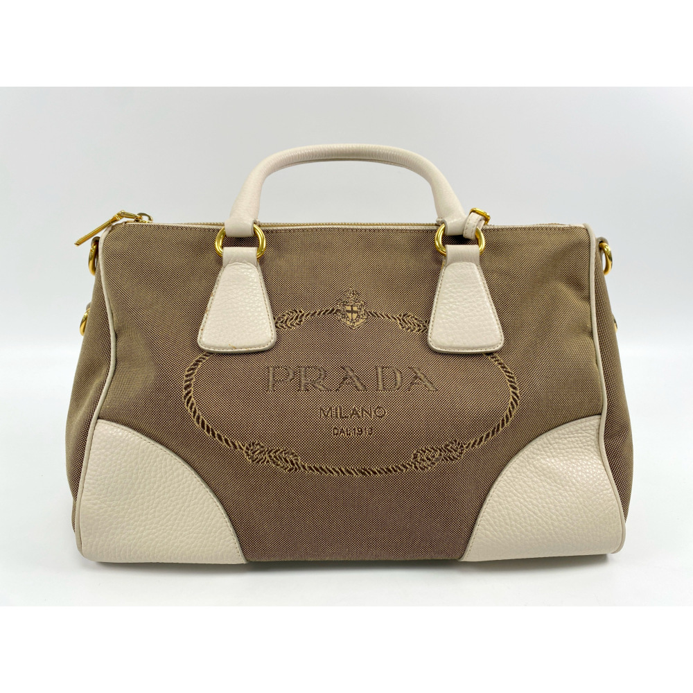 プラダ ジャガード ハンドバッグ ブラウン×白 キャンバス×レザー Bランク