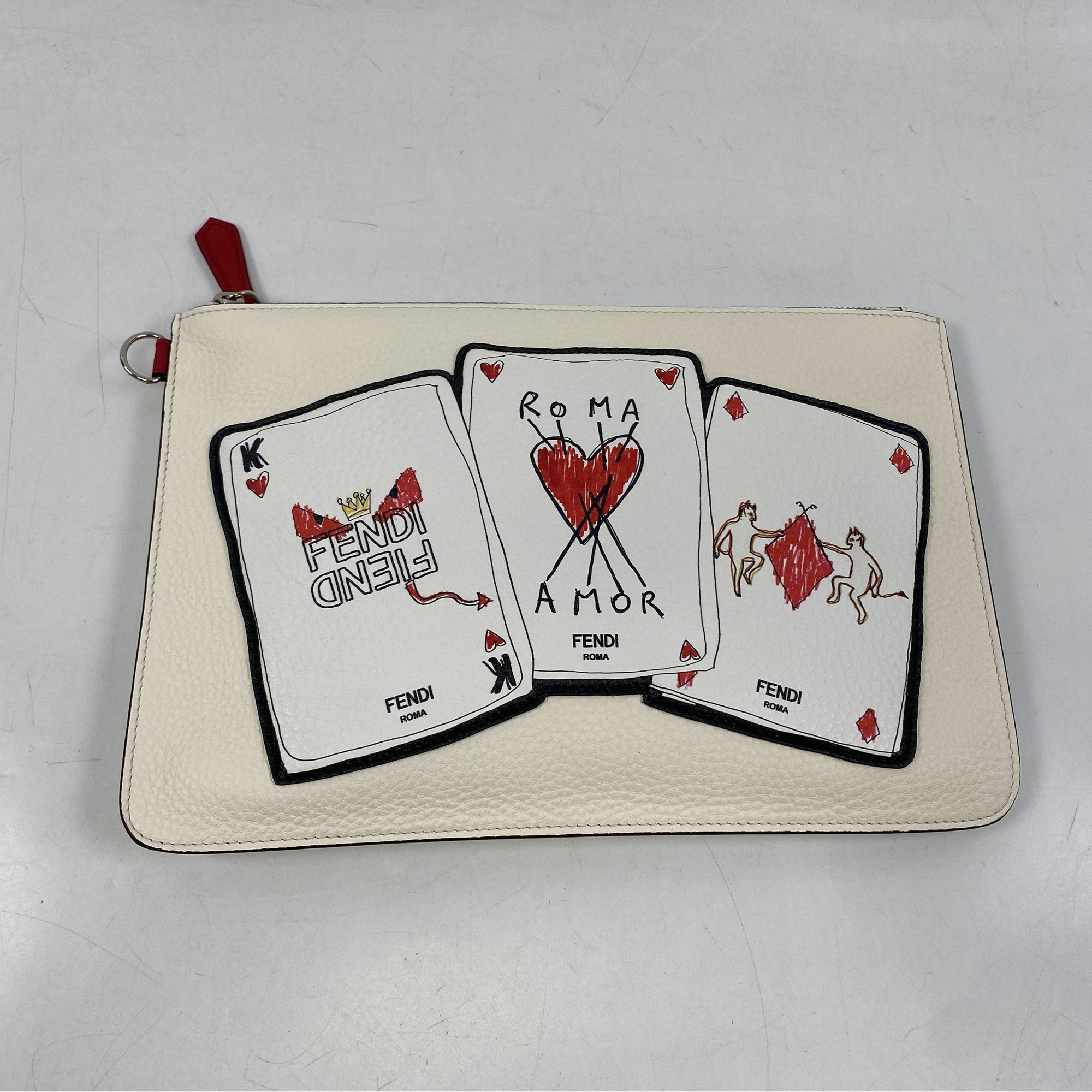 フェンディ トランプ柄 クラッチバッグ 白 レザー Aランク