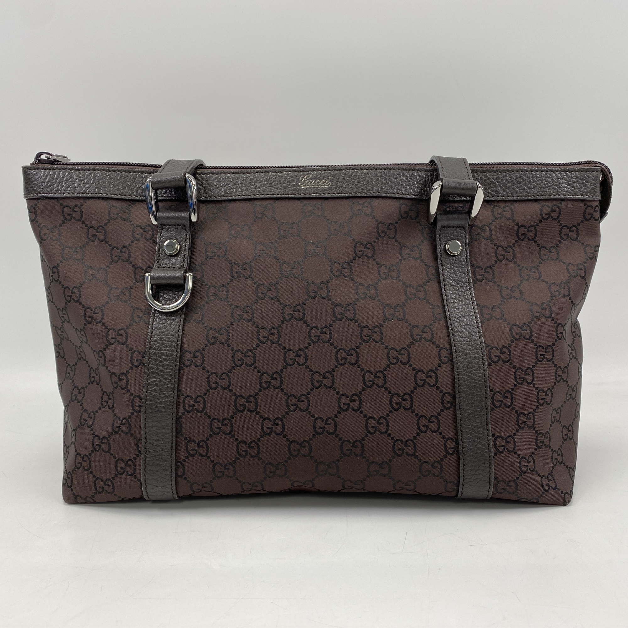 グッチ GG柄 ハンドバッグ 茶 ナイロン×レザー Bランク