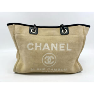 シャネル ドーヴィルMM チェーントートバッグ ブラウン×黒 キャンバス SV金具