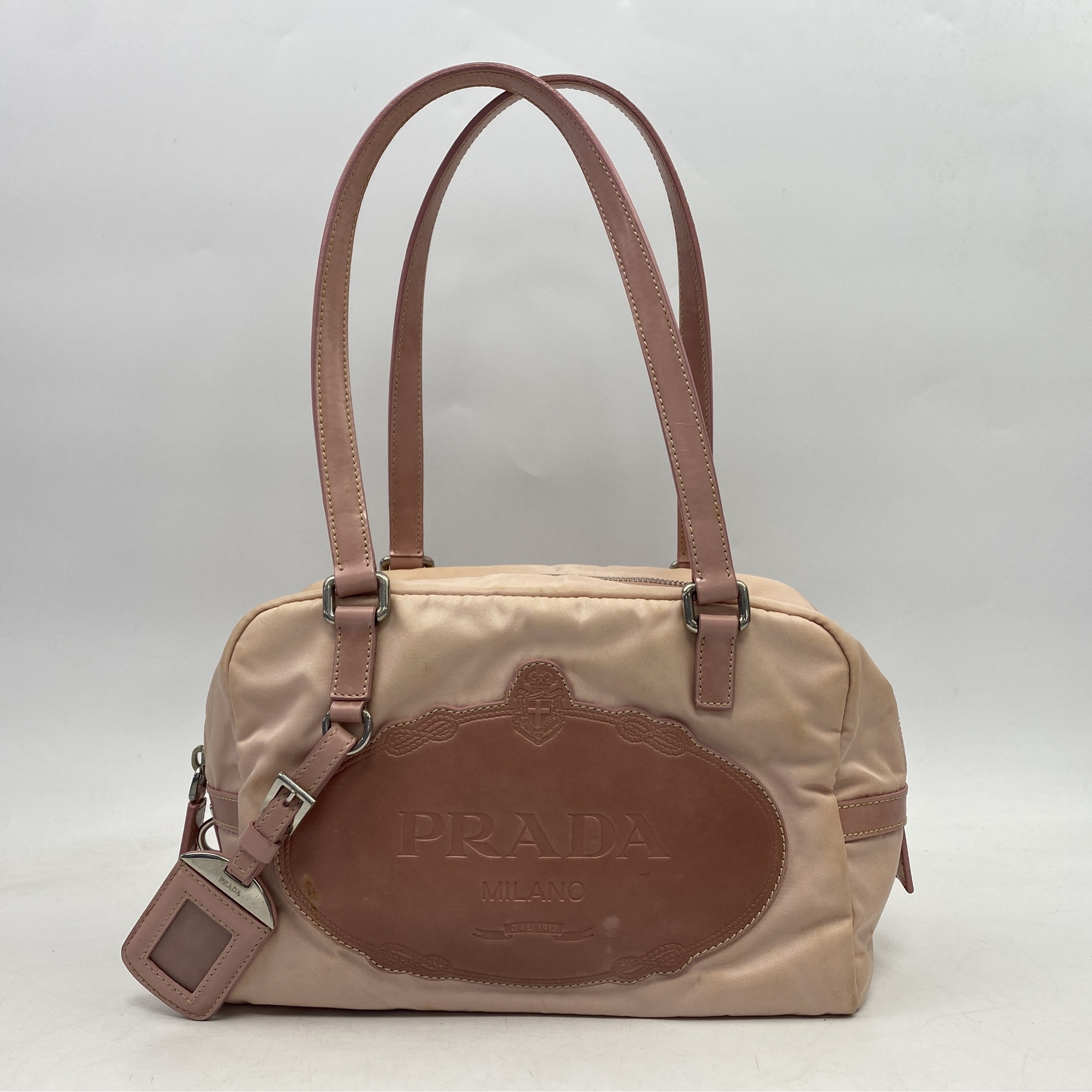 プラダ ロゴ ミニボストンバッグ ピンク ナイロン×カーフ Bランク