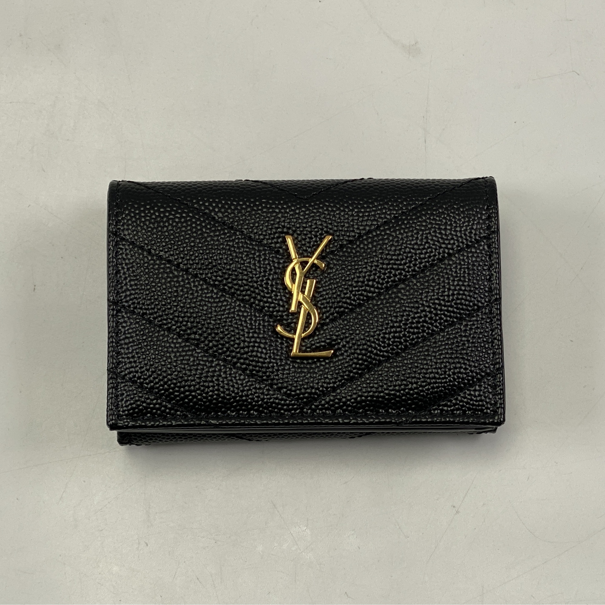 サンローラン ロゴ 三つ折り財布 黒 レザー キャビア ABランク