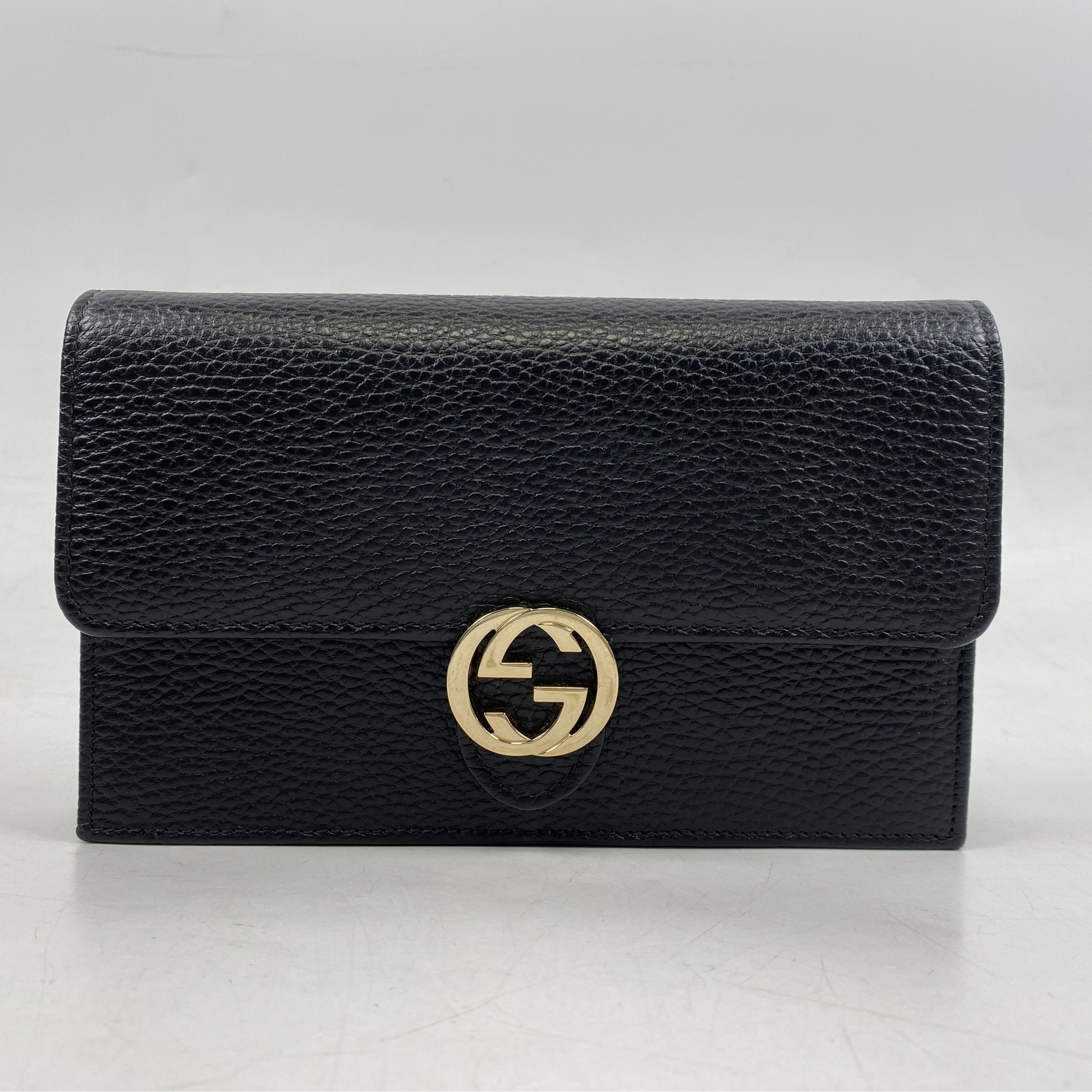 グッチ インターロッキングG チェーンウォレット 長財布 ブラック レザー SV金具 ABランク