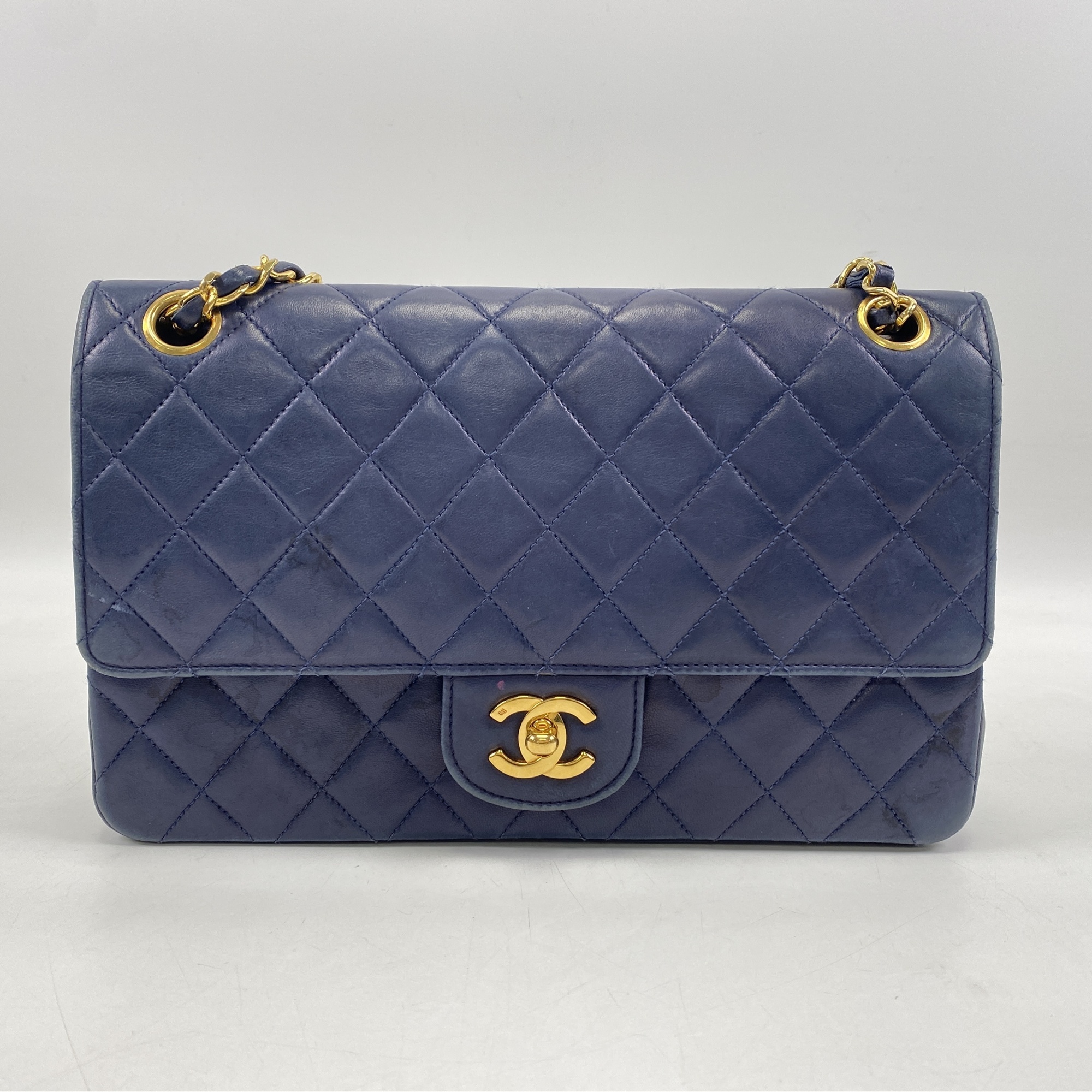 シャネル マトラッセ25 Wフラップ/Wチェーン 青 ラムスキン GD金具