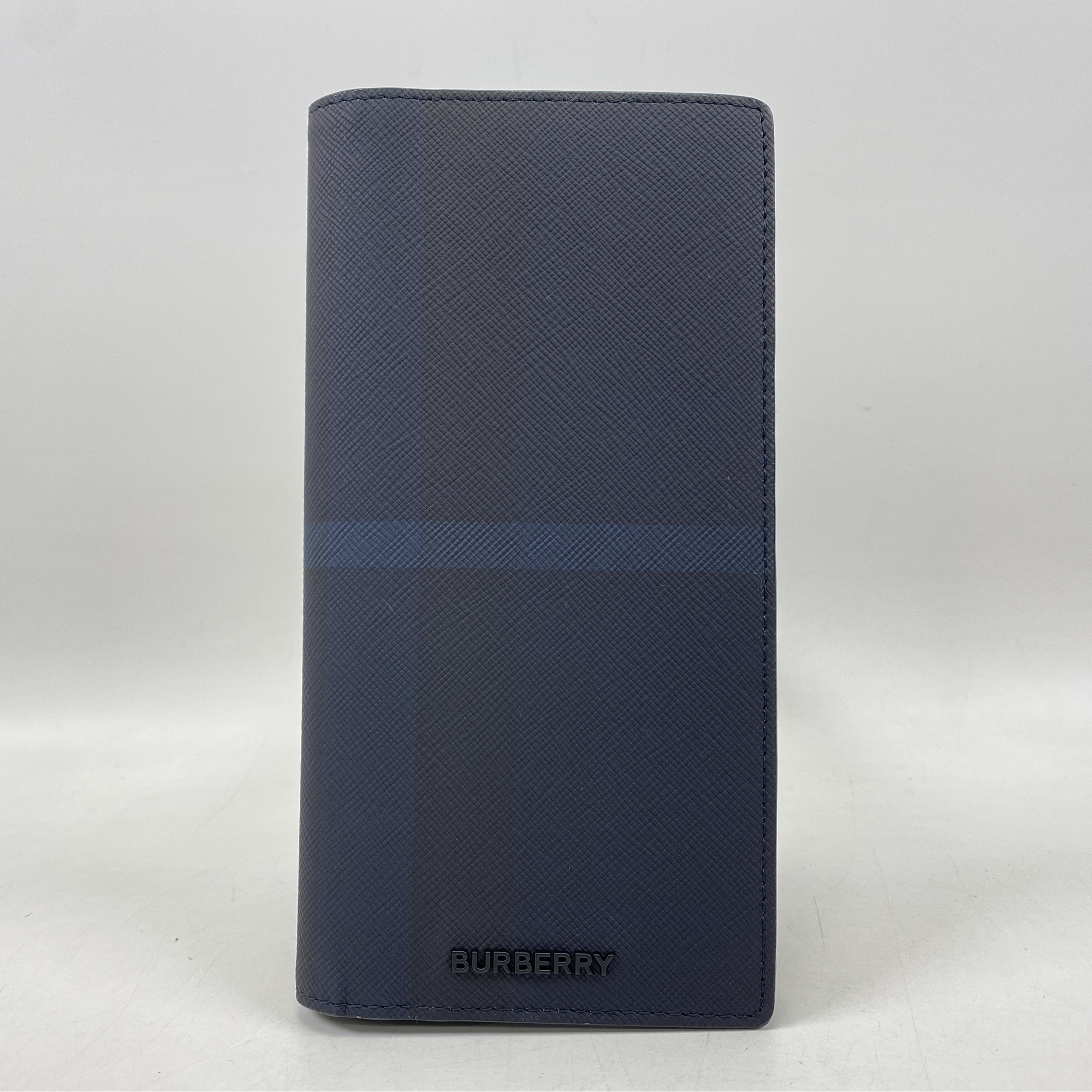 バーバリー コーテッドキャンバス 二つ折り長財布 ネイビーチェック レザー Nランク