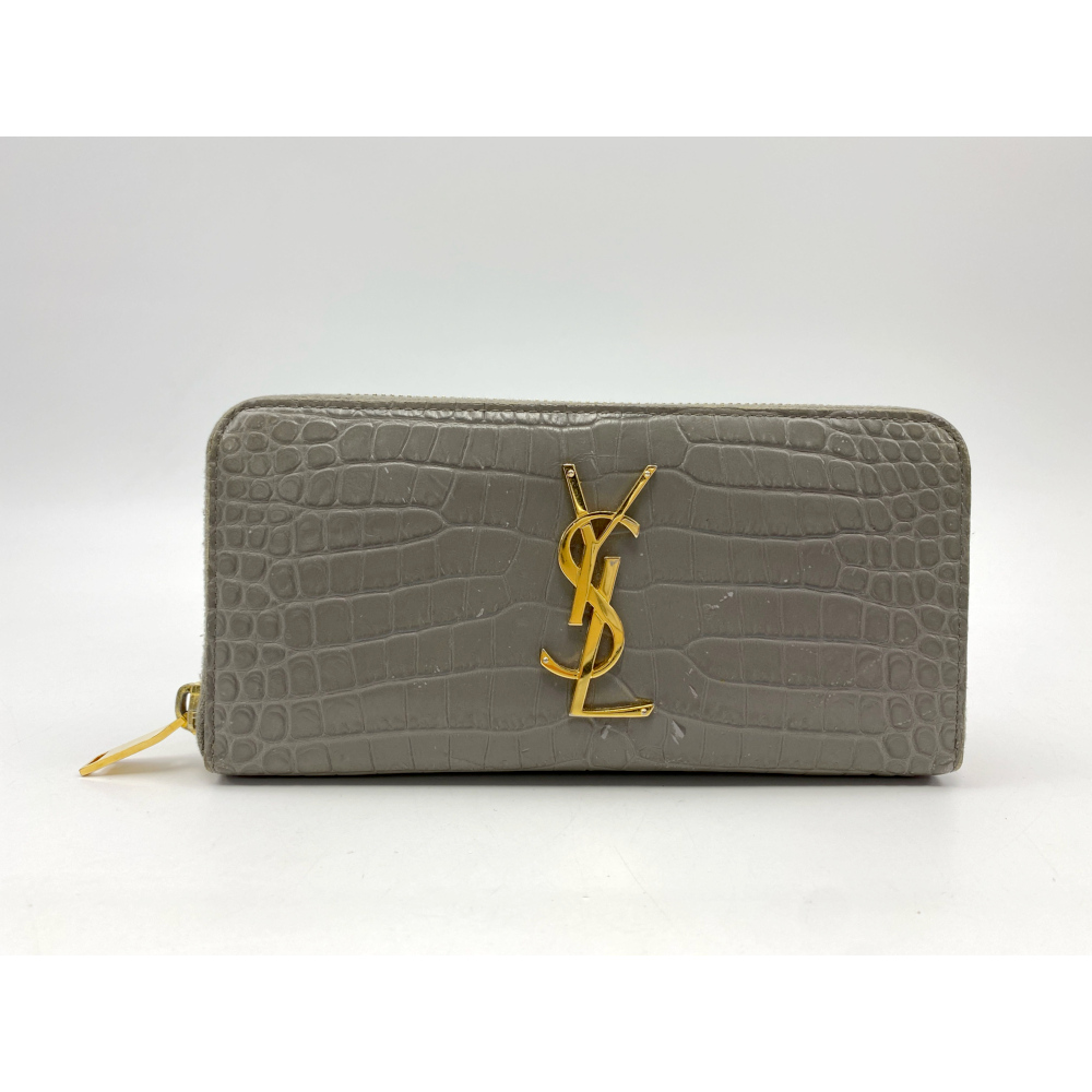 サンローラン YSLロゴ ラウンドファスナー長財布 グレー クロコレザー