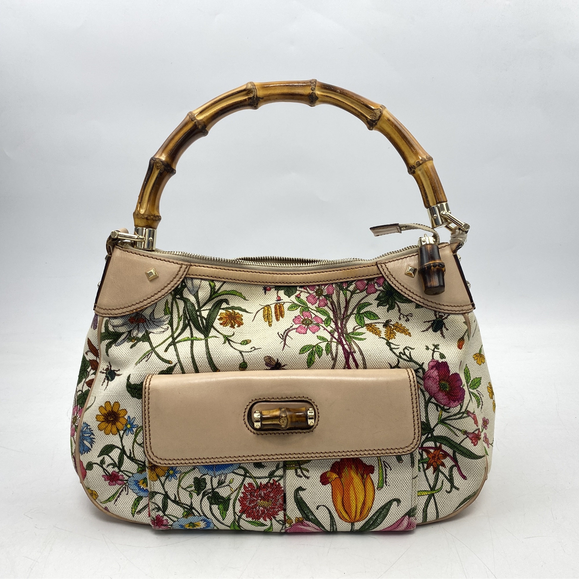 グッチ バンブー ハンドバッグ 花柄モチーフ キャンバス×レザー Bランク