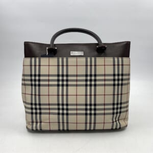 バーバリー ノバチェック トートバッグ ベージュ×赤 コットン×レザー