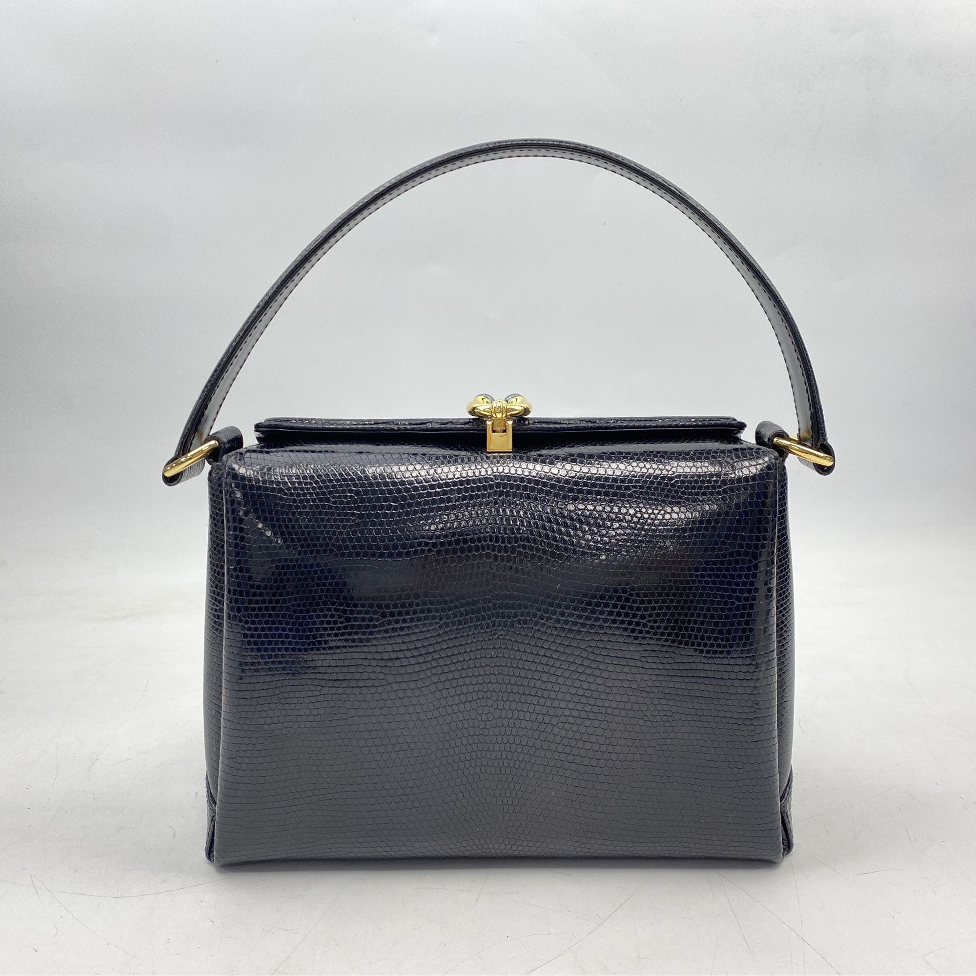 グッチ オールドグッチ ハンドバッグ 黒 リザード Bランク