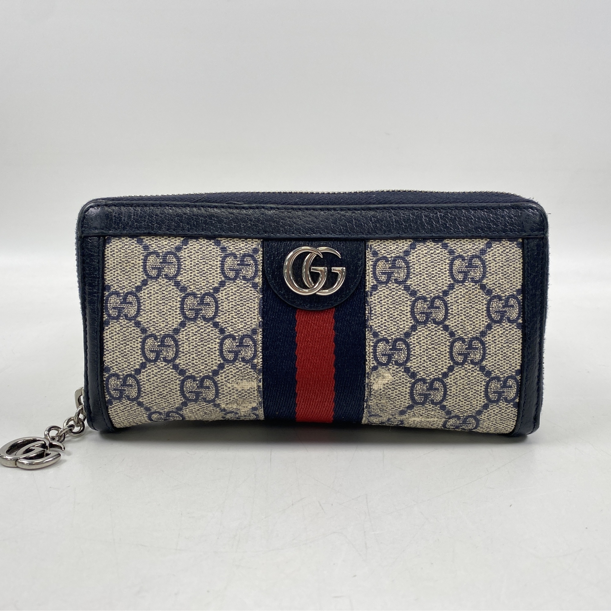 グッチ オフィディアGG ジップアラウンドウォレット ネイビー×ベージュ