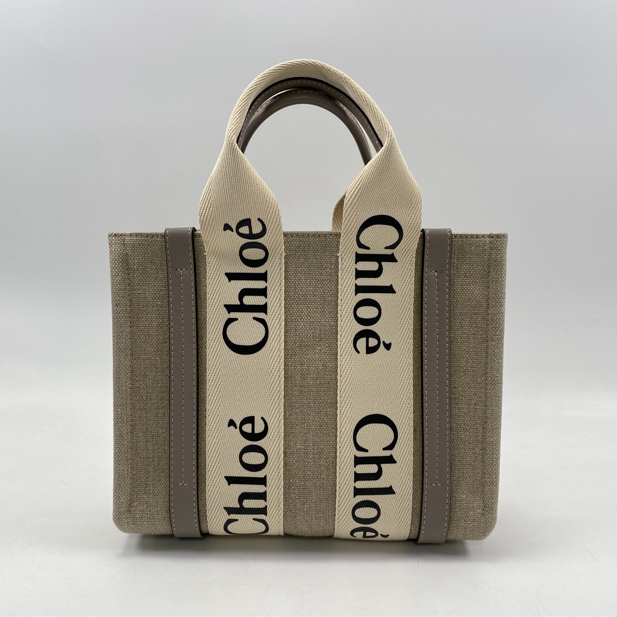 クロエ ウッディ スモール 2WAY ロゴ ショルダー トートバッグ ムスクグレー リネン×ポリエステル レディース Bランク