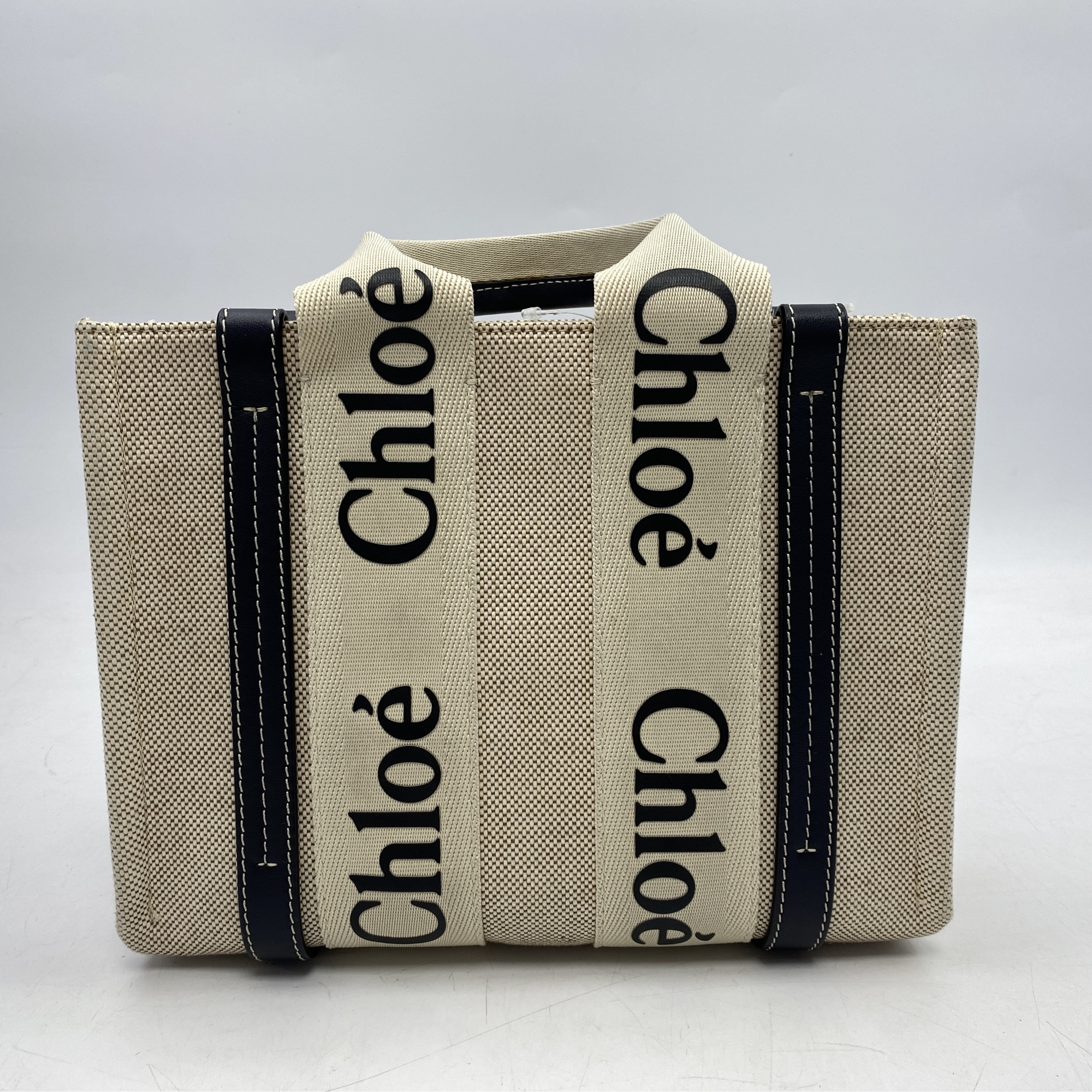 クロエ ウッディスモールトート ベージュ×黒 キャンバス×レザー ABランク