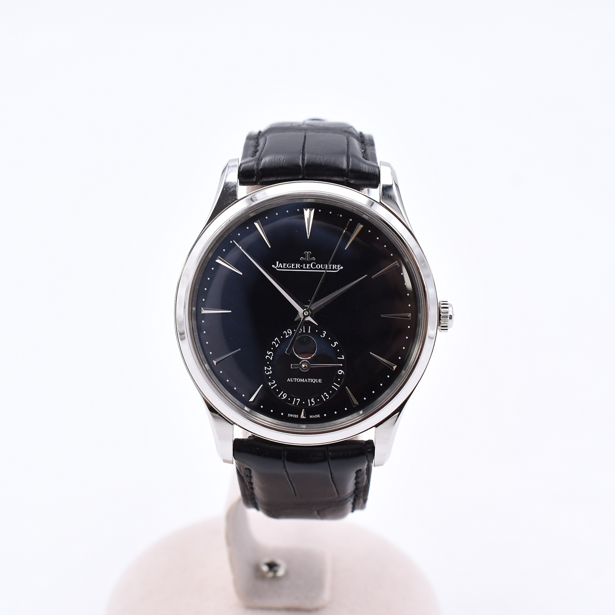 ジャガー・ルクルト マスターウルトラスリム ムーンフェイズ 黒文字盤 SS×革/AT ABランク