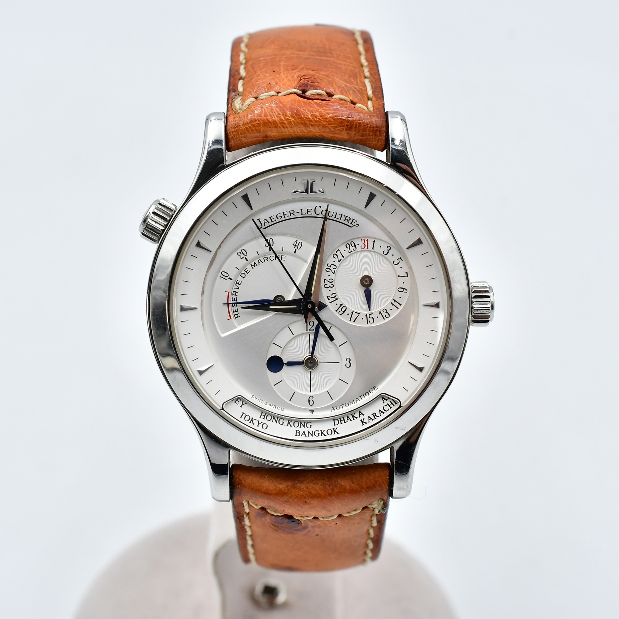 ジャガー・ルクルト マスタージオグラフィーク パワーリザーブ シルバー文字盤 SS×革/AT Bランク