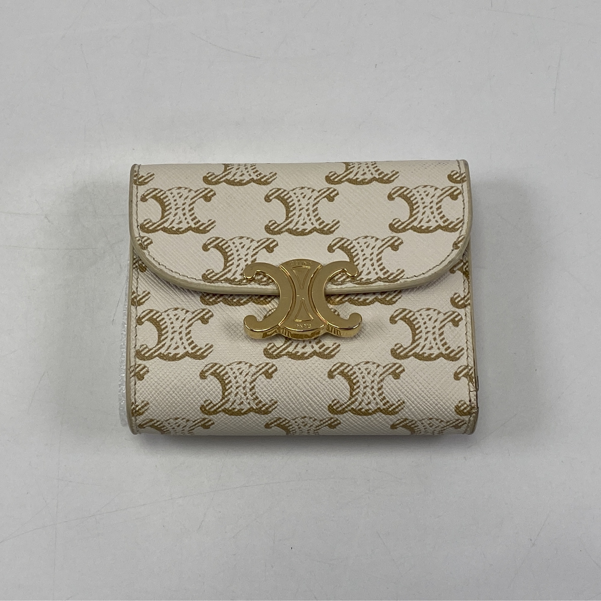 セリーヌ トリオンフ 三つ折り財布 ホワイト×ゴールド レザー×PVC Bランク