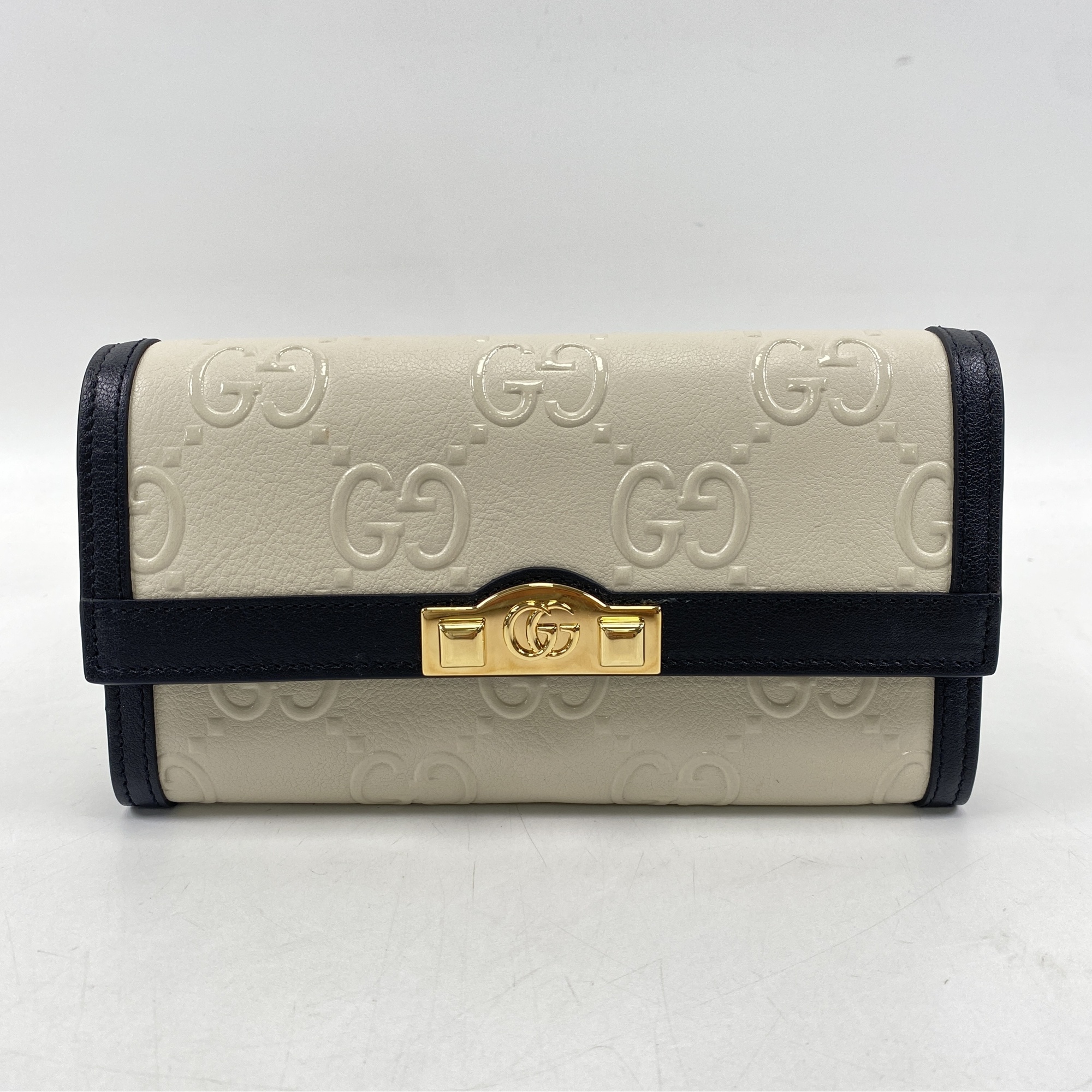 グッチ GG 二つ折り長財布 ロングウォレット ブラック×ホワイト レザー 676151 Aランク