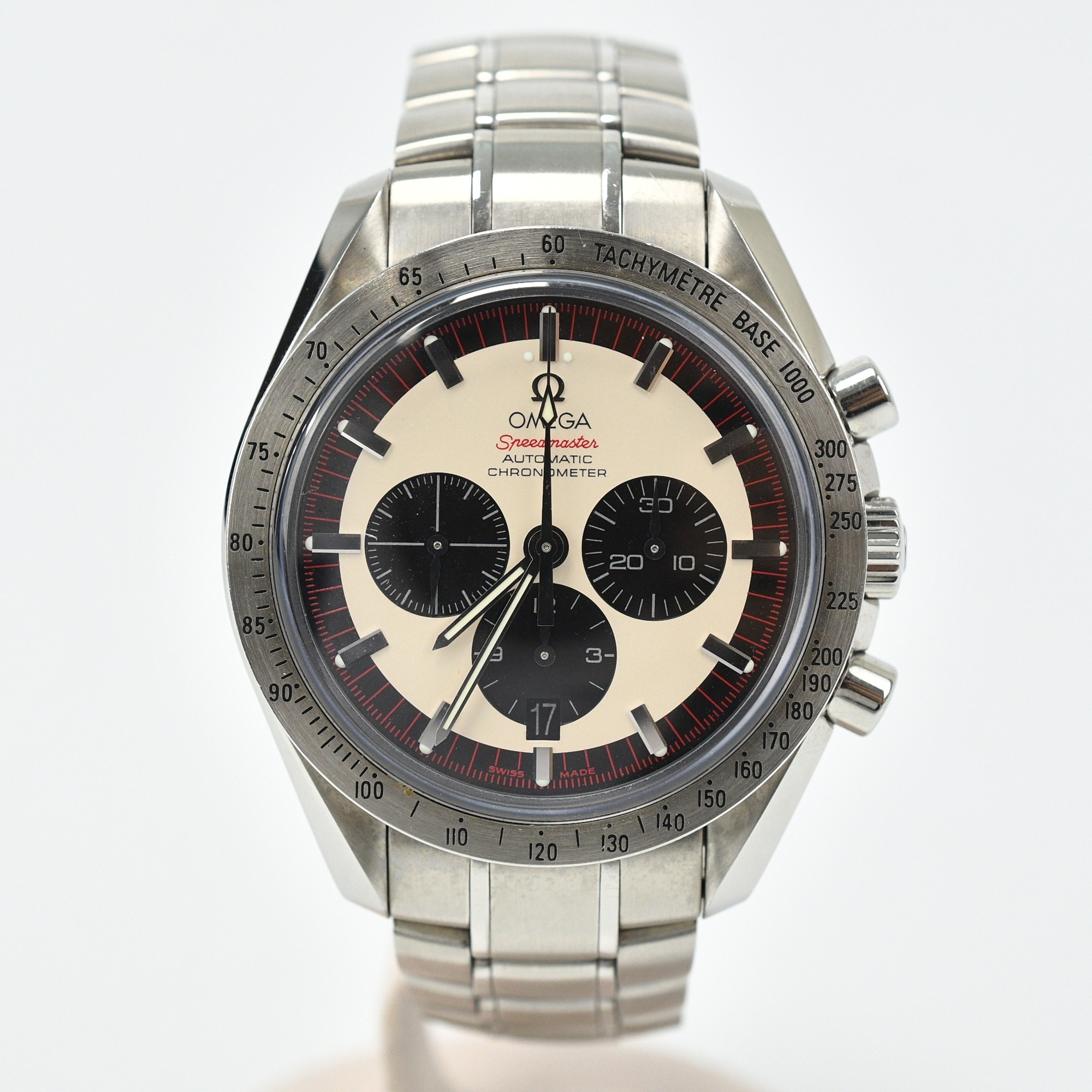 オメガ スピードマスター シューマッハレジェンド クロノグラフ デイト 世界6000本限定 アイボリー×黒文字盤 SS/AT Bランク