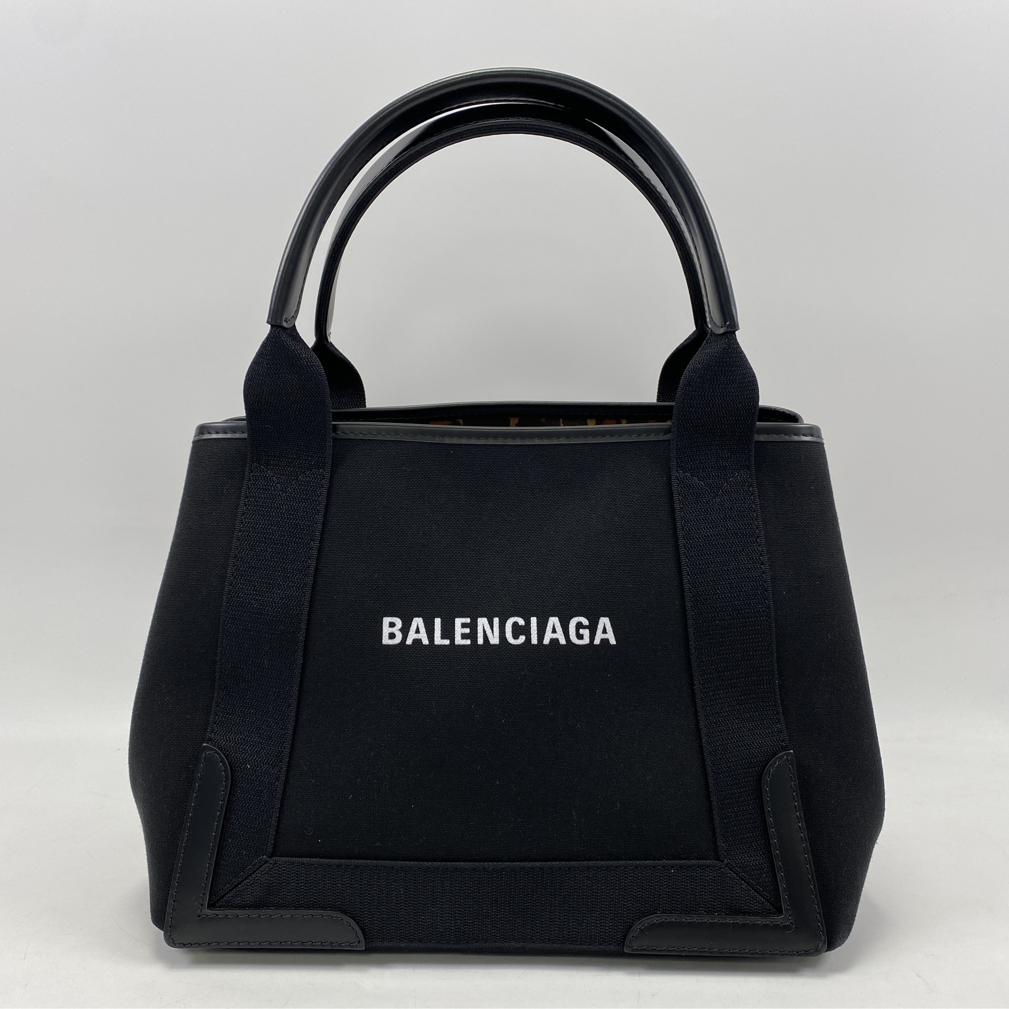 バレンシアガ ネイビーカバス S 黒×レオパード キャンバス Aランク