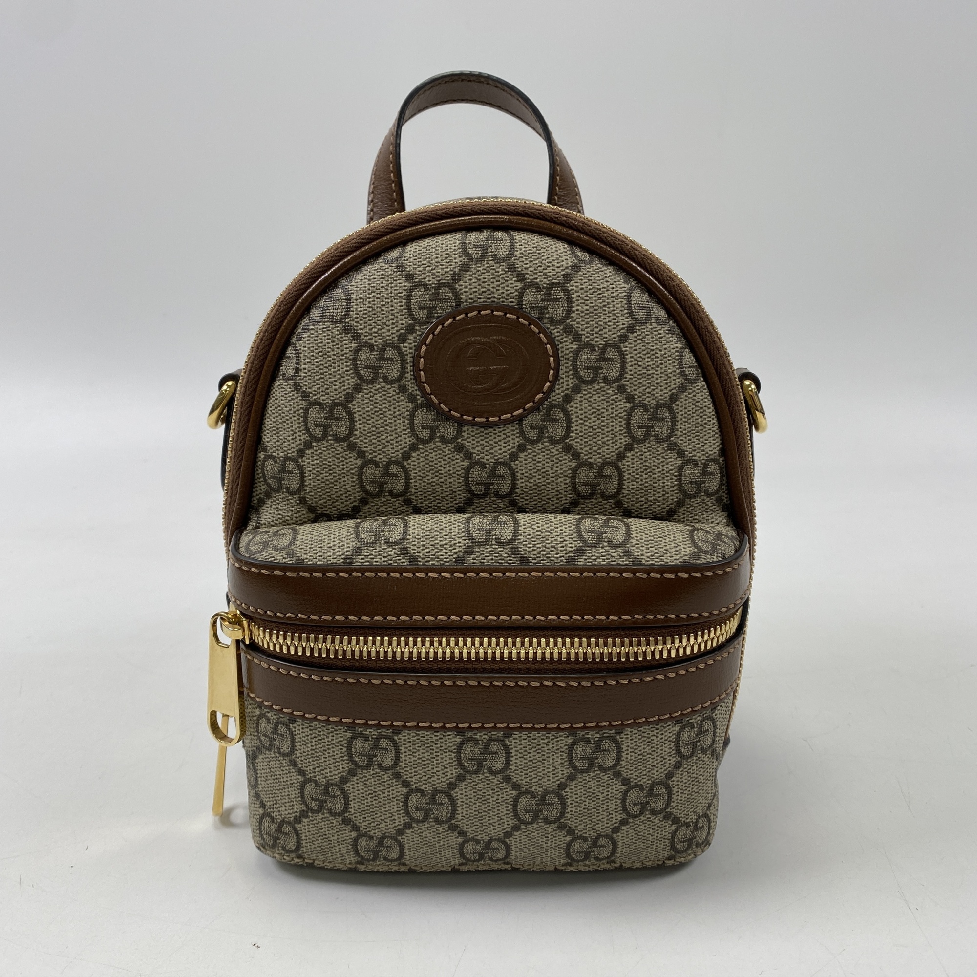 グッチ インターロッキングG ショルダーバック 茶×グレー レザー