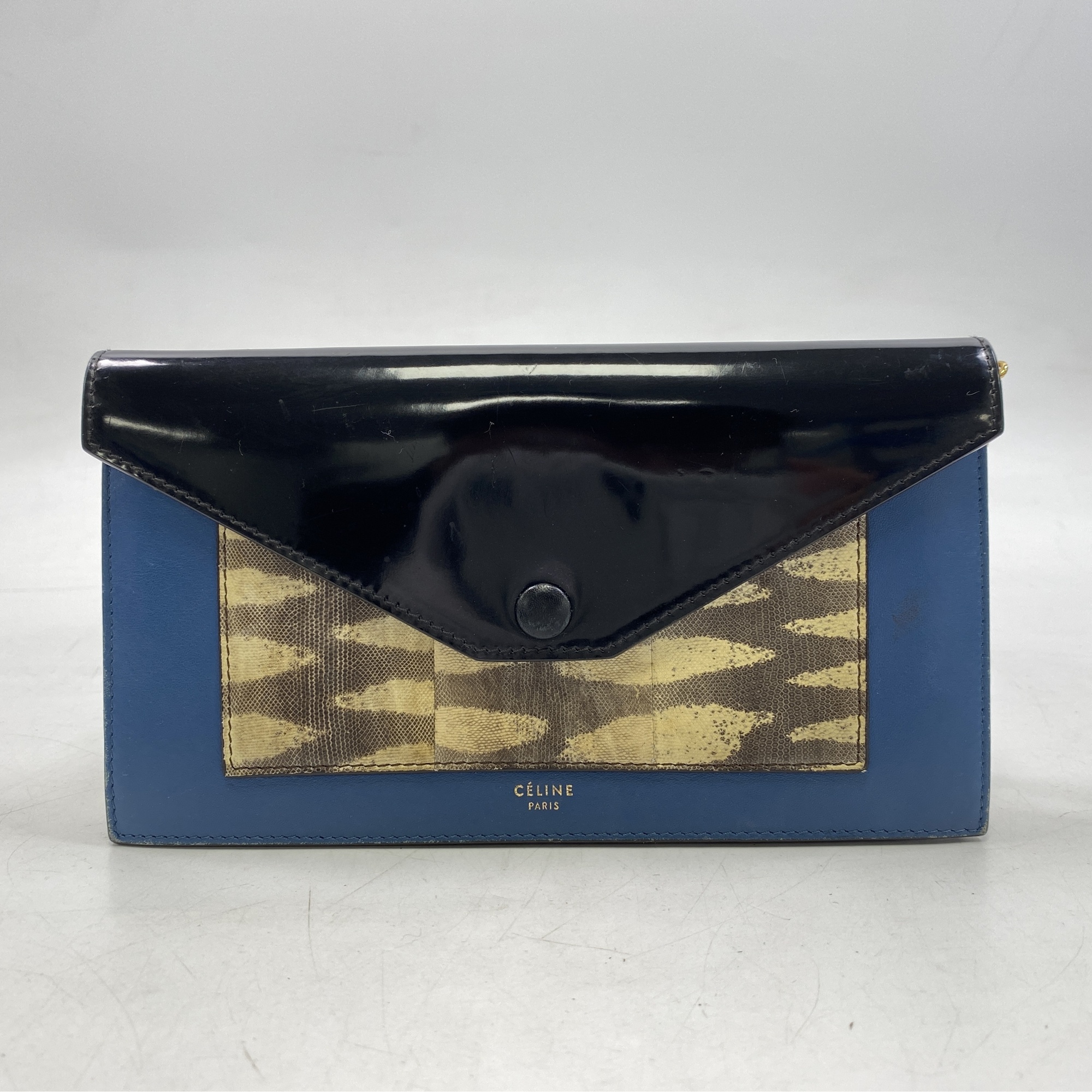 セリーヌ チェーンウォレット ブルー×ブラック レザー×パイソン Bランク